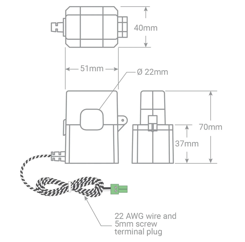 200 A CT dimensioned drawing — 22 mm aperture